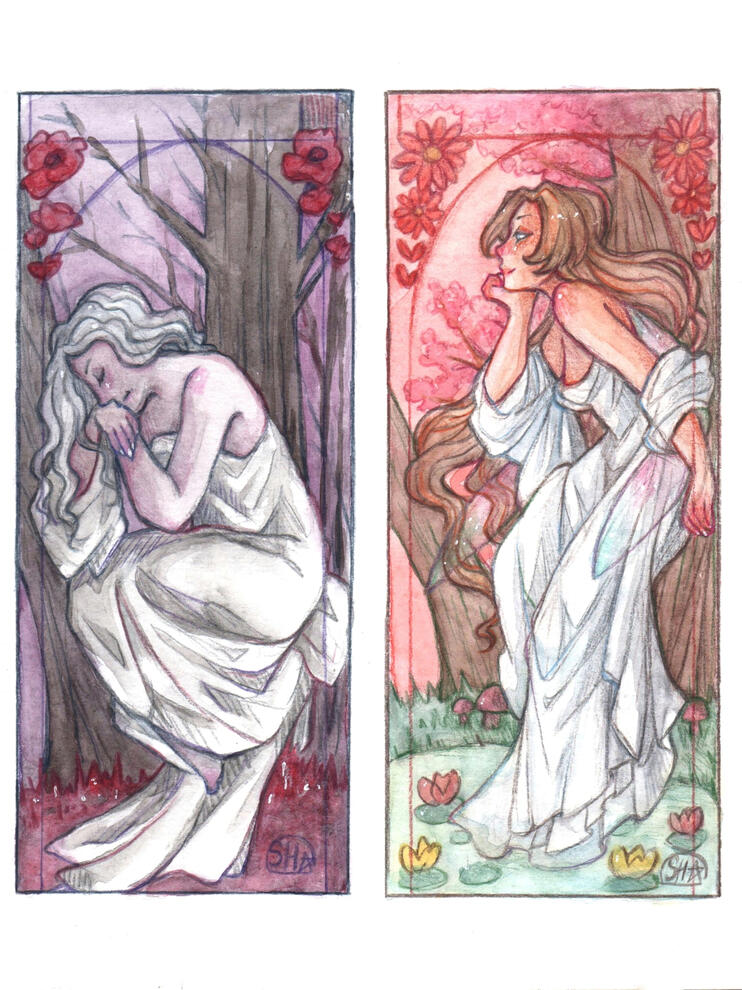 OC watercolour "Evening Reverie" inspired by Alfons Maria Mucha